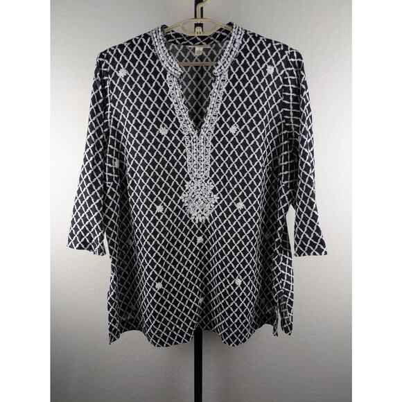 Charter Club Luxury 100% Linen Tunic Top Embroidery Beading black white - Picture 1 of 8